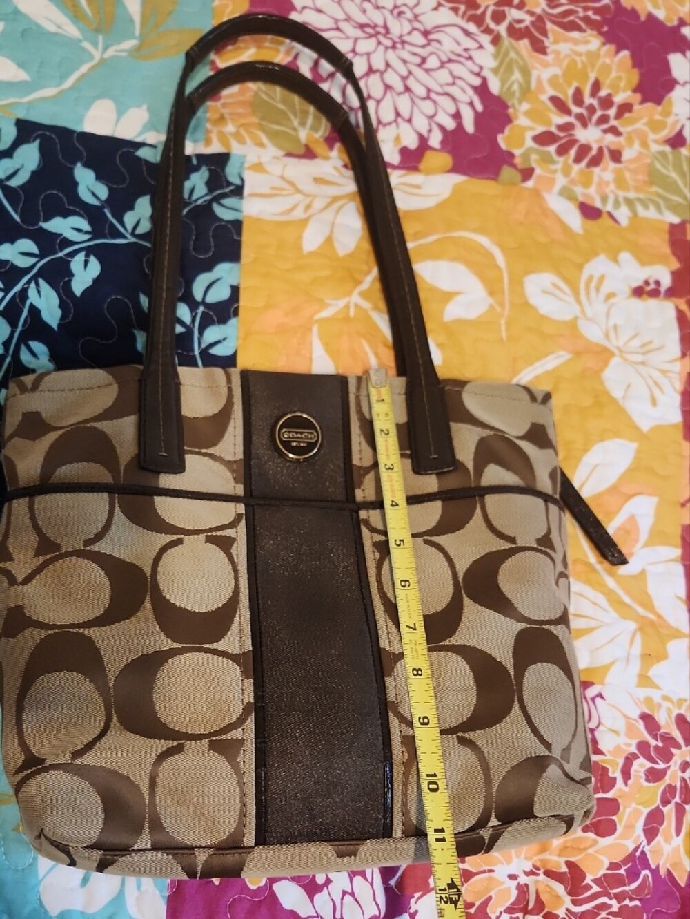 COACH Brown Signature Shoulder Tote with Dark Brown Trim - Picture 12 of 14